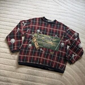 VTG 90s Red black plaid golf crewneck sweatshirt One Size  'Eat, Sleep & Golf'